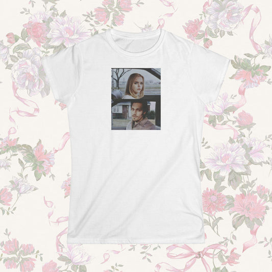 White coquette t-shirt with a graphic of Layla and Billy from Buffalo 66