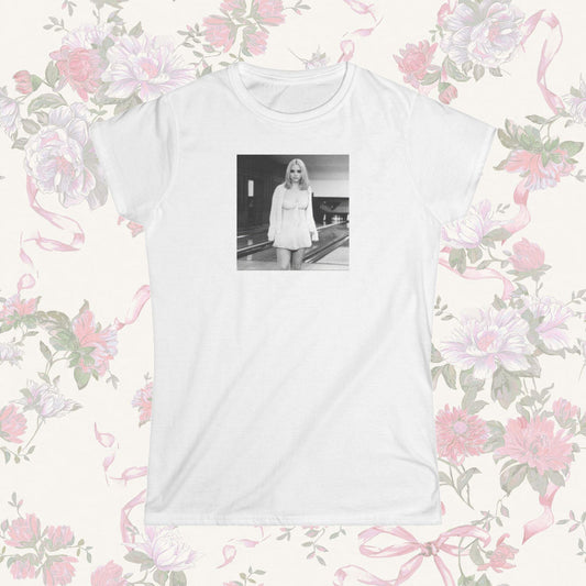 White coquette t-shirt with a graphic of Layla from Buffalo 66