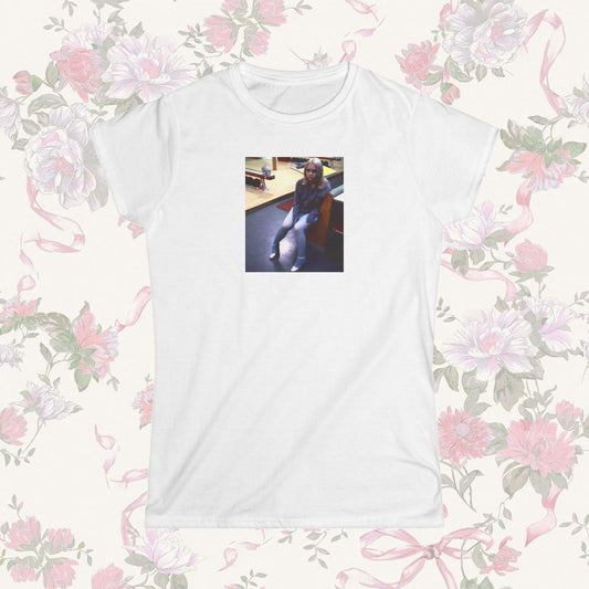 White coquette t-shirt with a graphic of Layla from Buffalo 66