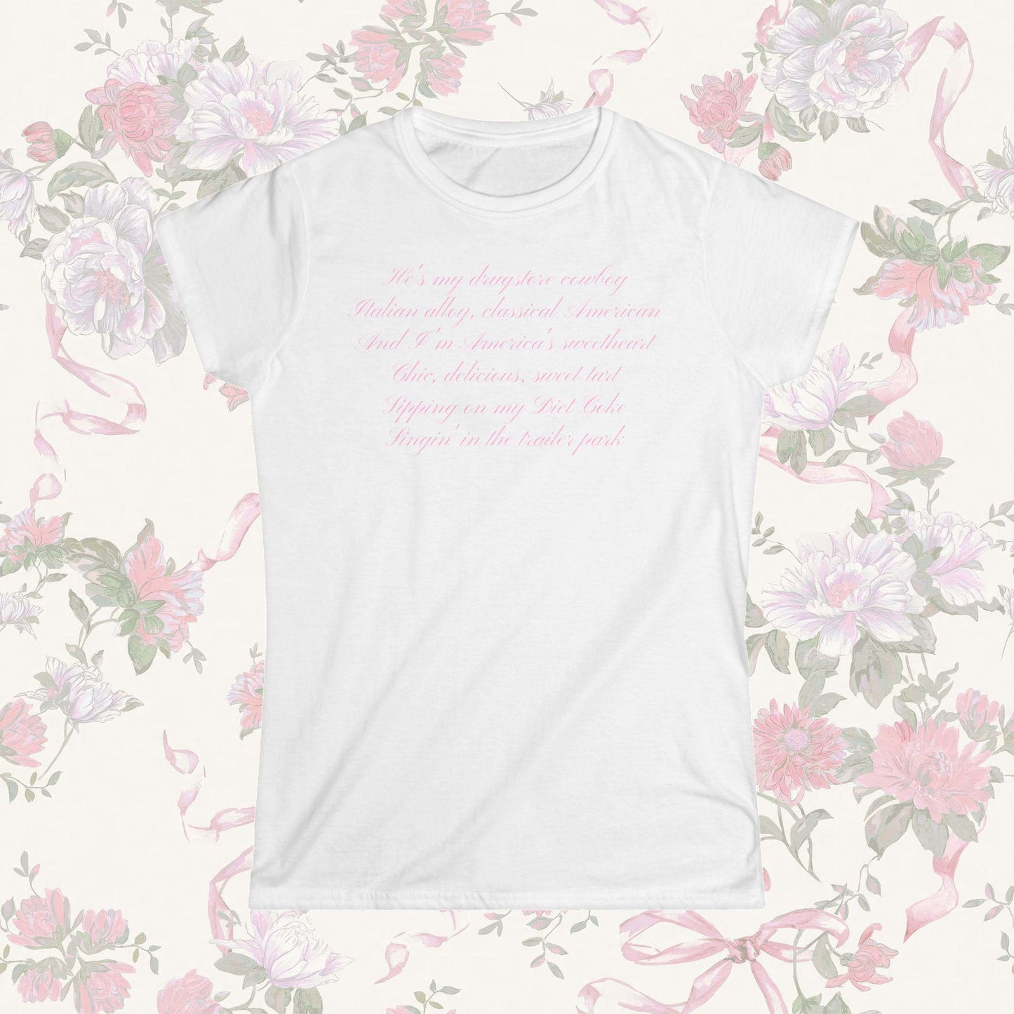 A coquette white t-shirt with a graphic of lyrics from Lana Del Rey - Dangerous Girl