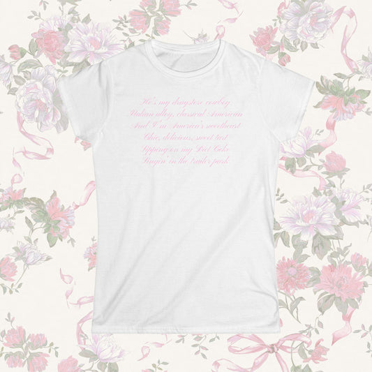 A coquette white t-shirt with a graphic of lyrics from Lana Del Rey - Dangerous Girl