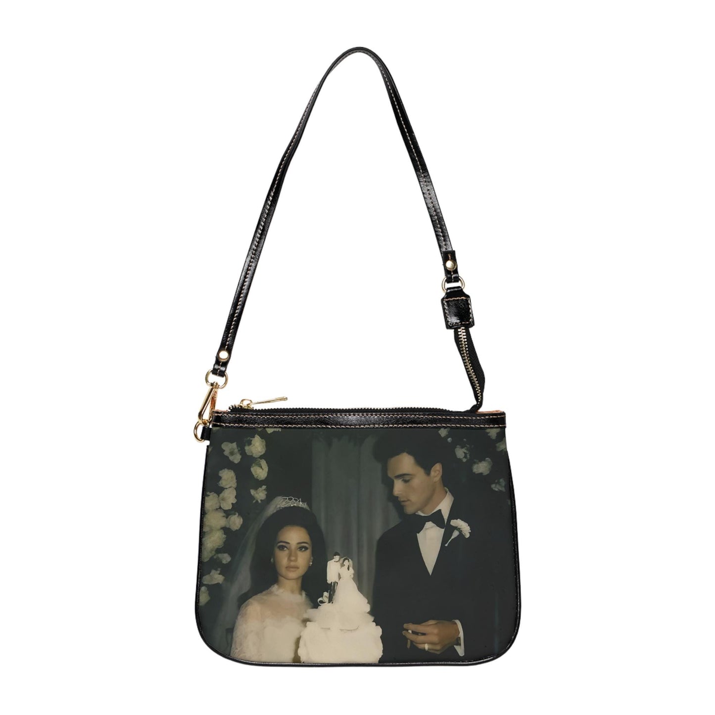 Priscilla Presley and Elvis Presley Coquette printed black shoulder bag with gold hardware