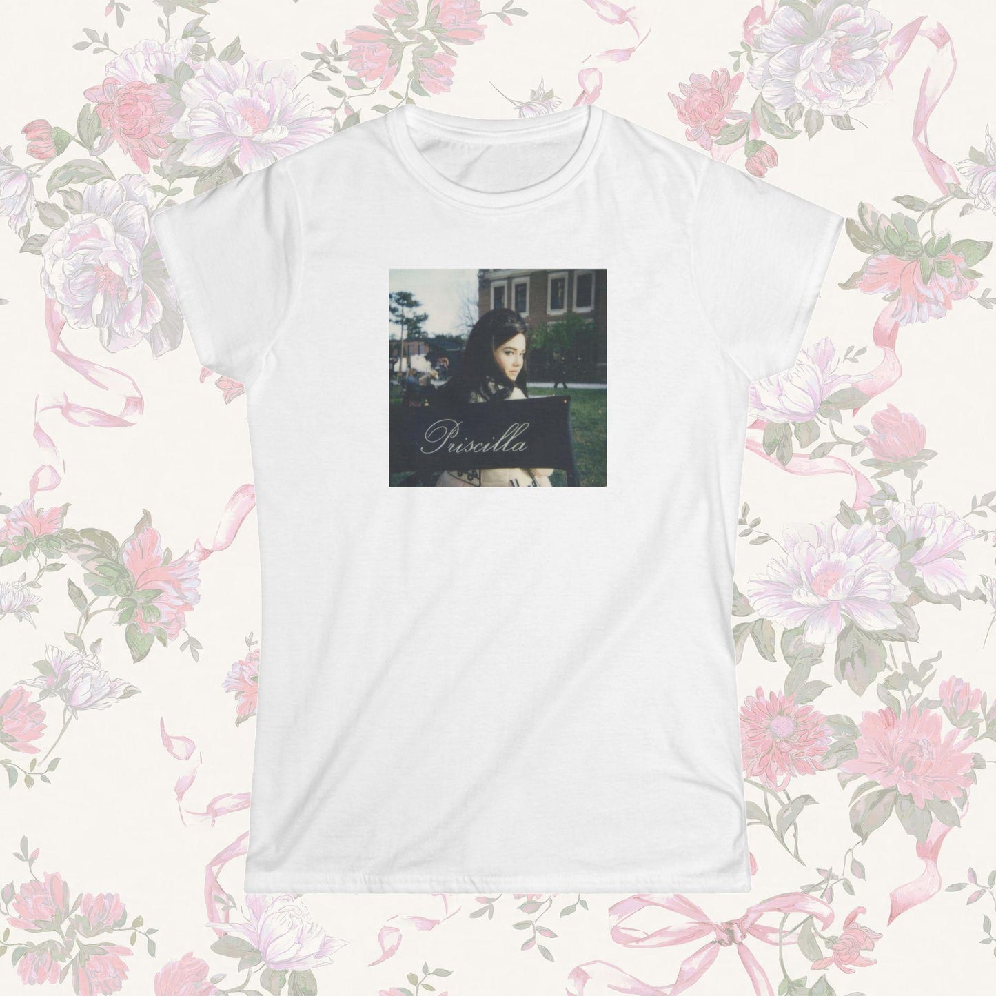 White coquette t-shirt with a printed design of priscilla presley