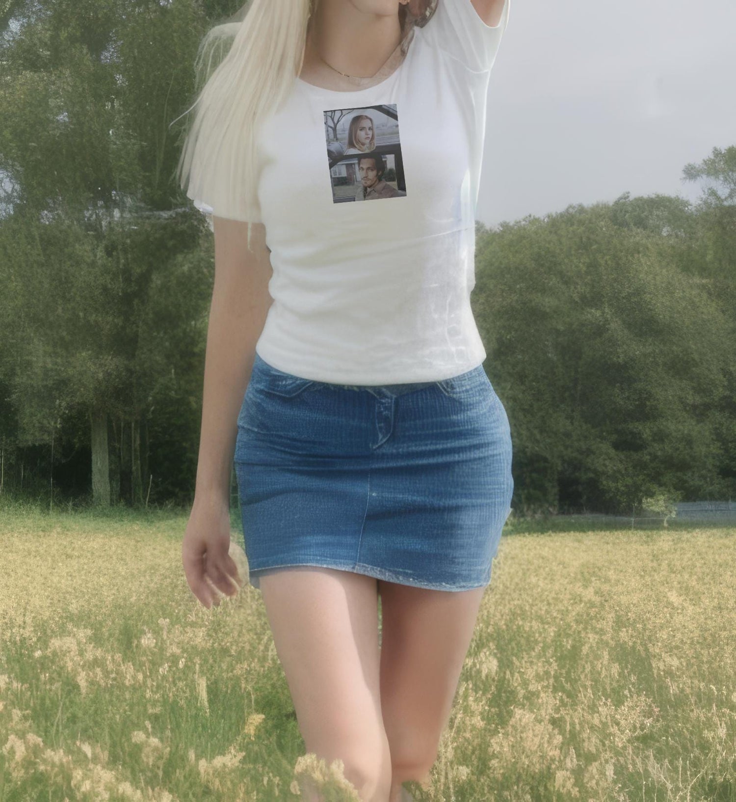 A coquette girl wearing a white t-shirt with a graphic of Layla and Billy from Buffalo 66.