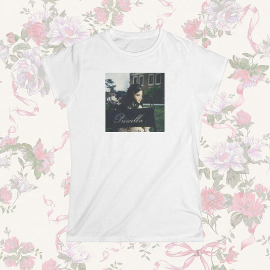 White coquette t-shirt with a printed design of priscilla presley
